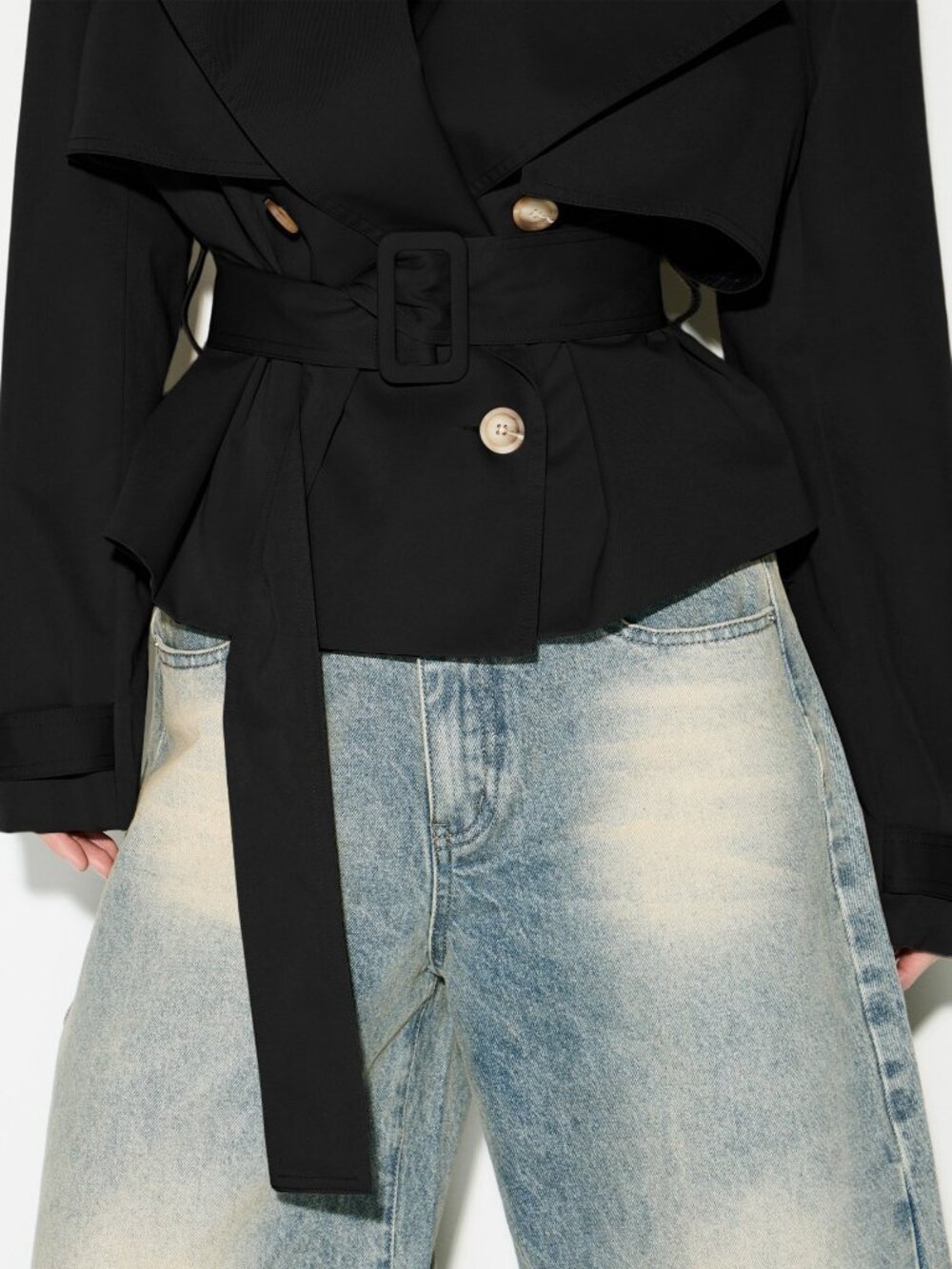 Black Sleek Women's Cropped Shoulder Pad Double-Breasted Trench Coat - Picture 4 of 5